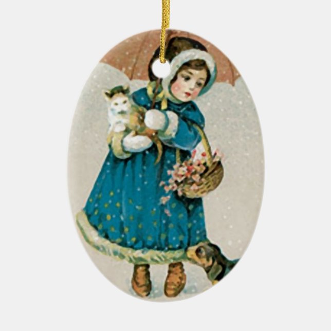 Vintage Christmas Girl Cat & Dog Ceramic Ornament (Front)