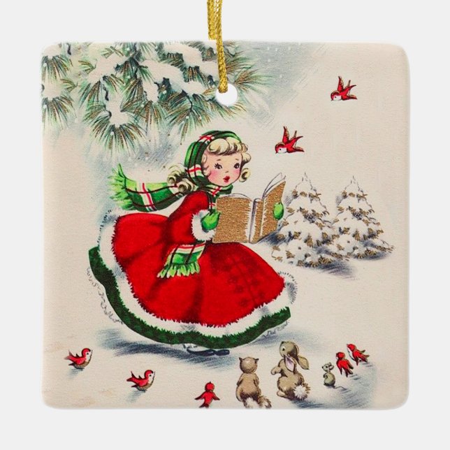 Vintage Christmas Girl Ceramic Ornament (Front)