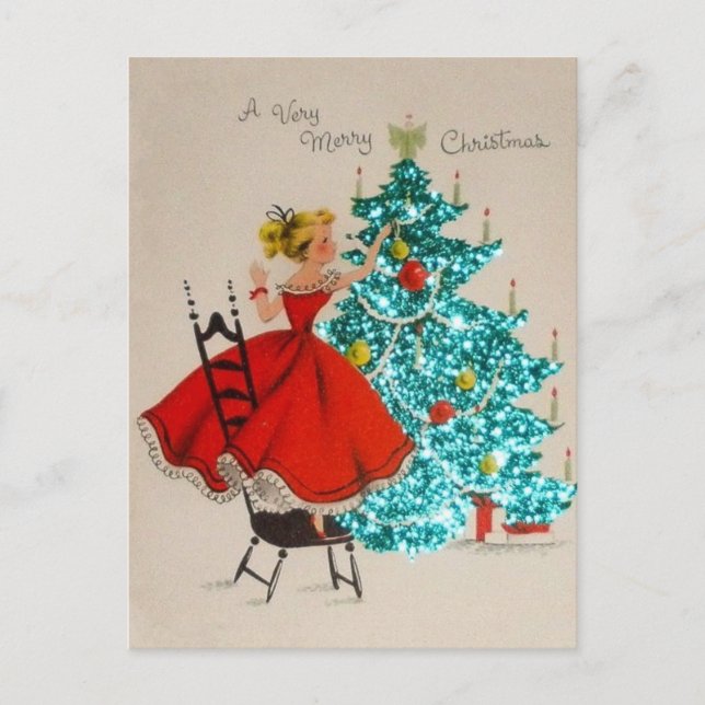 Vintage Christmas Girl Decorating Tree Holiday Postcard (Front)