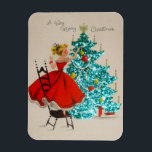 Vintage Christmas Girl Decorating Tree Magnet<br><div class="desc">Cute Retro Vintage Christmas Girl Decorating Tree Holiday Magnet.</div>