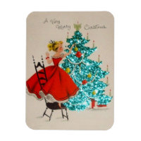 Vintage Christmas Girl Decorating Tree