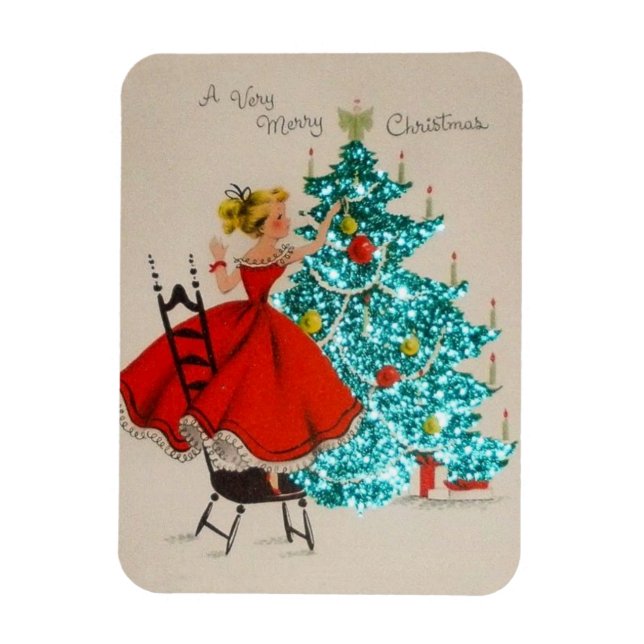 Vintage Christmas Girl Decorating Tree Magnet (Vertical)