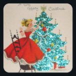 Vintage Christmas Girl Decorating Tree Square Sticker<br><div class="desc">Vintage Christmas Girl Decorating Tree Square Sticker.</div>