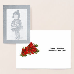 Vintage Christmas Girl Holding Holiday Bell, ZSSPG Foil Card