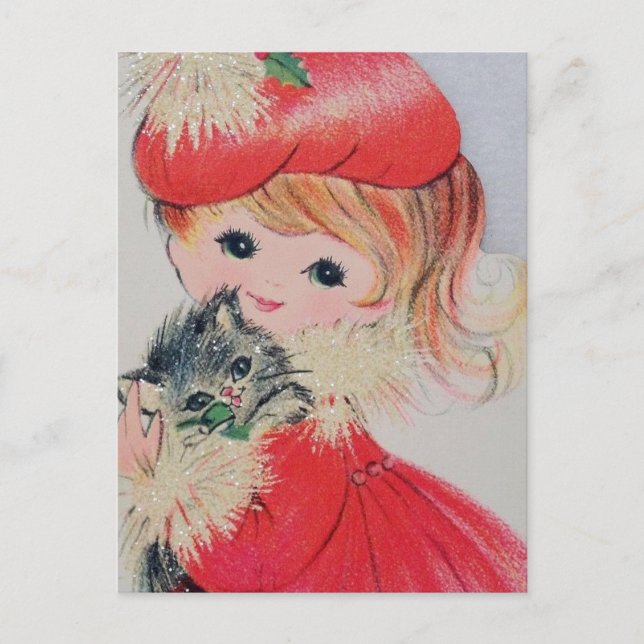 Vintage Christmas Girl Holding Kitty Holiday Postcard (Front)