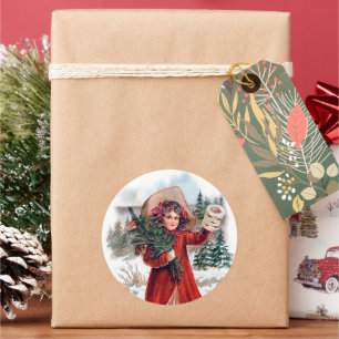 vintage Christmas girl Holiday  Classic Round Sticker