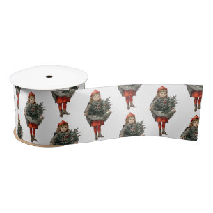 Vintage Christmas Girl & Holly Berries  Satin Ribbon