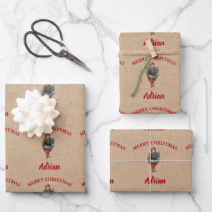 Vintage Christmas Girl & Holly Custom Name Kraft Wrapping Paper Sheet