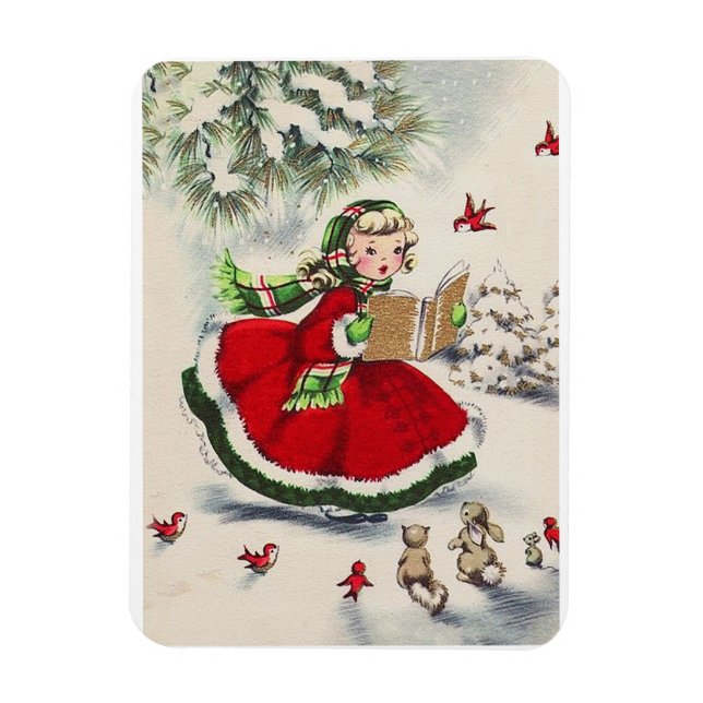 Vintage Christmas Girl In Forest Magnet (Vertical)