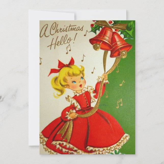 Vintage Christmas Girl Ringing Bell Holiday Card (Front)