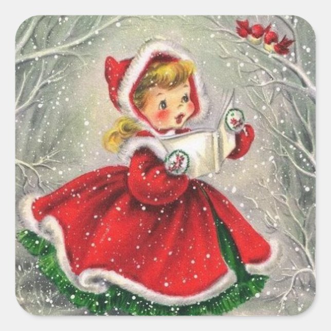 Vintage Christmas Girl Singing To Birds Square Sticker (Front)