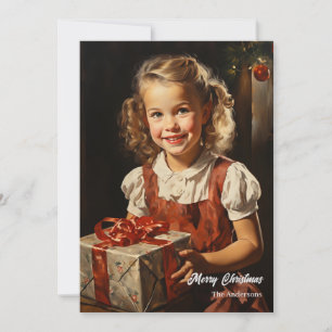 Vintage Christmas girl smiling with present Holiday Card