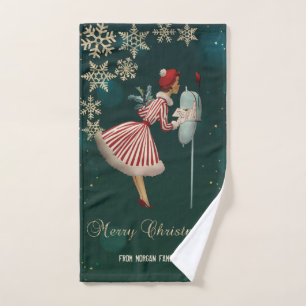 Vintage Christmas Girl, Snowflakes Bath Towel Set