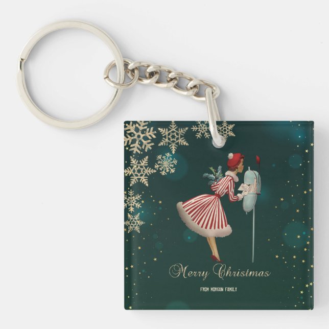 Vintage Christmas Girl, Snowflakes    Keychain (Front)