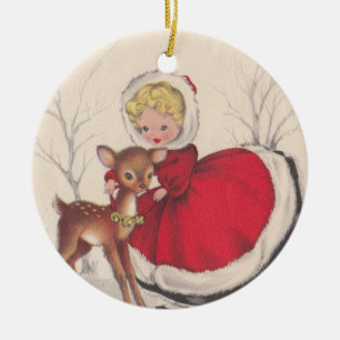 Vintage Christmas Girl With Baby Deer Tree Ceramic Ornament