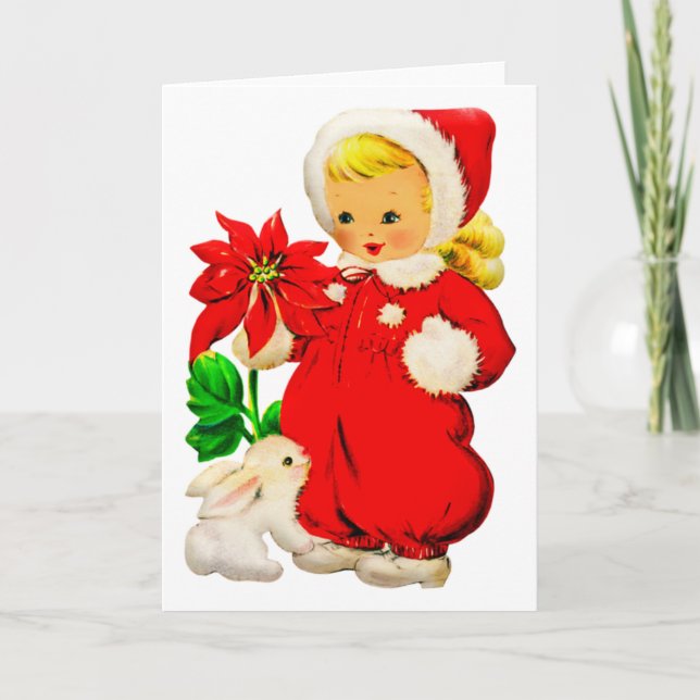 Vintage Christmas Girl With Bunny Card (Front)