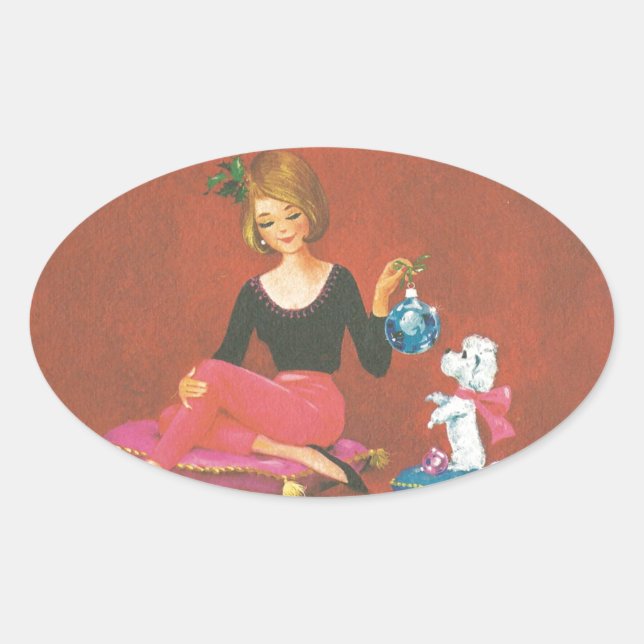 Vintage Christmas Girl With French Poodle Oval Sticker (Front)