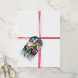 Vintage Christmas, Girl with Gifts in Winter Snow Gift Tags