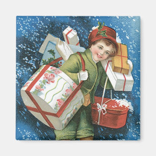 Vintage Christmas, Girl with Gifts in Winter Snow Magnet