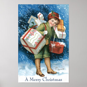 Vintage Christmas, Girl with Gifts in Winter Snow Poster