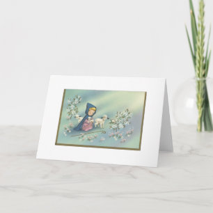 Vintage Christmas Girl With Lamb Holiday Card