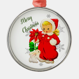 Vintage Christmas Girl with Poinsettia Flower Metal Ornament