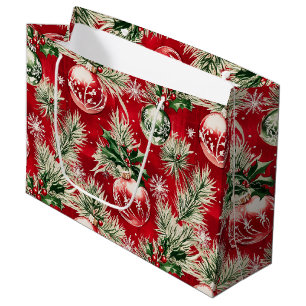 Vintage Christmas Gleaming Ornaments on Crimson Large Gift Bag