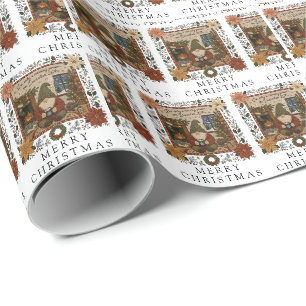 Vintage Christmas Gnome Crimson Red Cozy Wrapping Paper