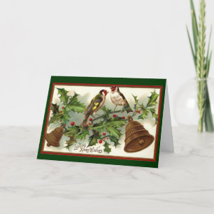 Vintage Christmas Gold Bells And Birds Holiday Card