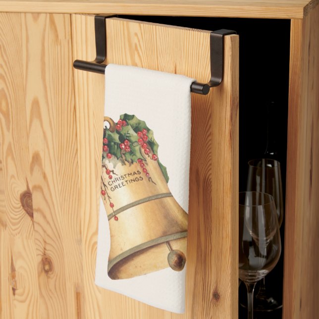 Vintage Christmas Golden Bells, Season's Greetings Kitchen Towel (Thirds Fold)