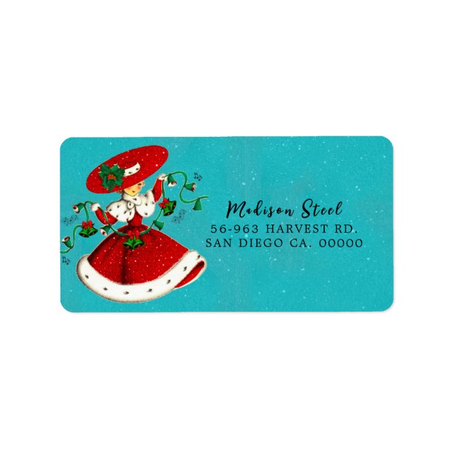 Vintage Christmas green bells red glitter girl Label (Front)