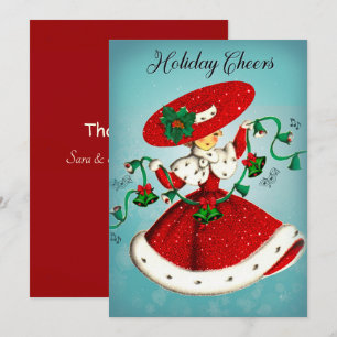 Vintage Christmas green bells red glitter girl  Thank You Card