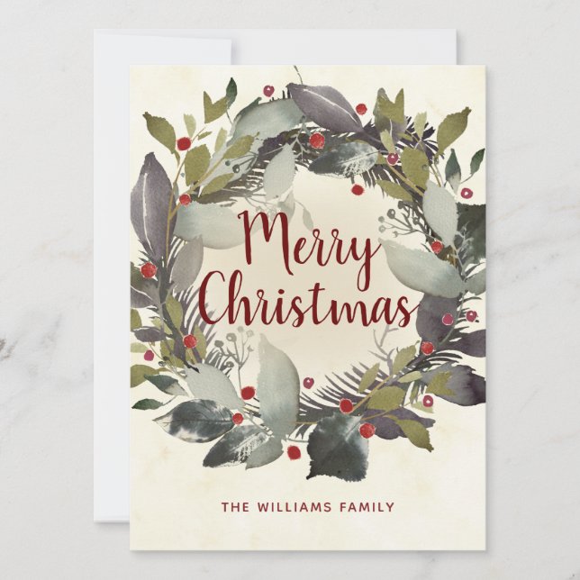 Vintage Christmas Green Holly Berry Wreath Holiday Card (Front)