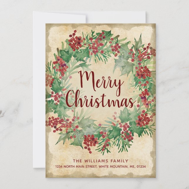 Vintage Christmas Green Holly Berry Wreath Moving Announcement (Front)