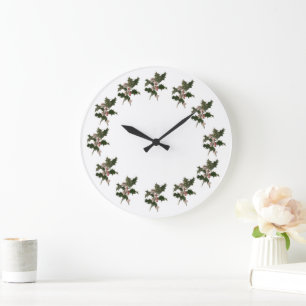 Vintage Christmas, Green Holly Plant with Berries Large Clock
