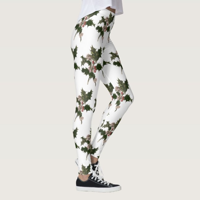 Vintage Christmas, Green Holly Plant with Berries Leggings (Right)