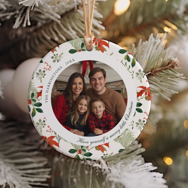Vintage Christmas Greenery Pattern Photo Ceramic Ornament (Creator Uploaded)