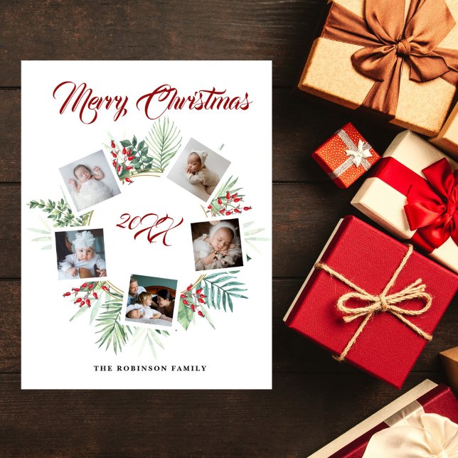 Vintage Christmas Greenery Photo Collage Holiday Postcard (Creator Uploaded)