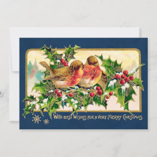 Vintage Christmas Greeting Birds Holly Faux Gold Card