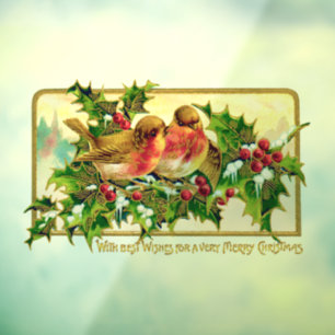Vintage Christmas Greeting Birds Holly Window Cling
