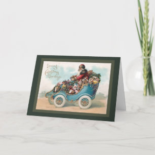 Vintage Christmas Greeting - Santa Claus in Car Holiday Card