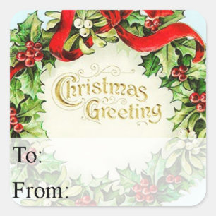 Vintage Christmas Greeting Wreath Gift Tag