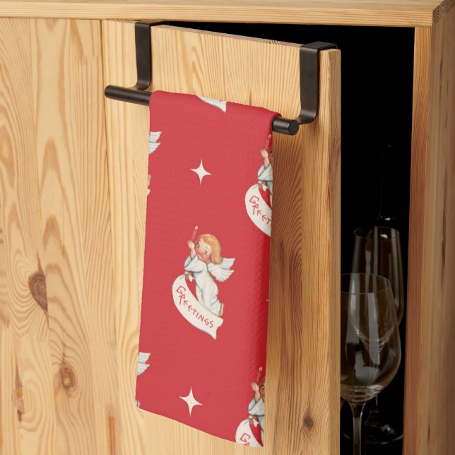 Vintage Christmas Greetings, Angels with Stars Kitchen Towel (Thirds Fold)