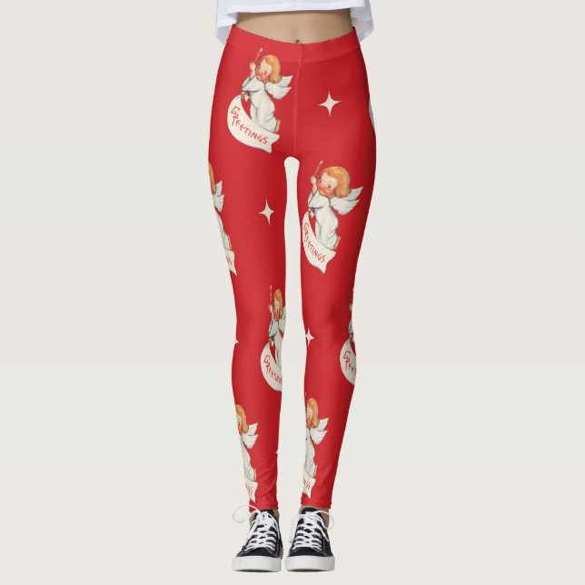 Vintage Christmas Greetings, Angels with Stars Leggings (Front)