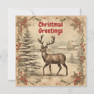 Vintage Christmas Greetings Deer Holiday Card