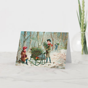 Vintage Christmas Greetings Gathering Holly Holiday Card