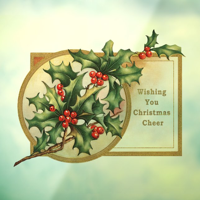 Vintage Christmas Greetings Holly Faux Gold Window Cling (Sheet 3)