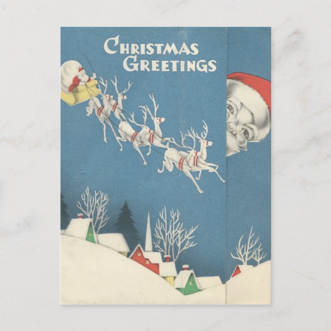 Vintage Christmas Greetings Peeking Santa Holiday Postcard (Front)