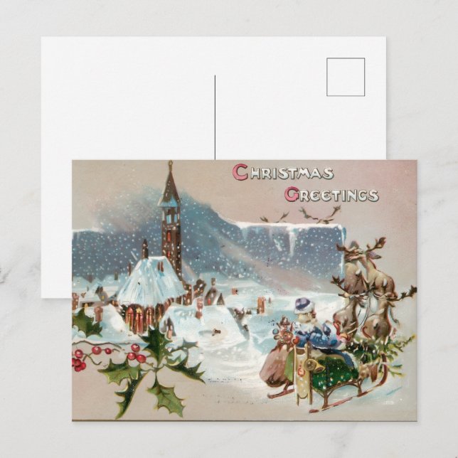 Vintage CHRISTMAS GREETINGS with Santa on Sleigh Postcard (Front/Back)