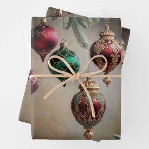 Vintage Christmas Handing Ornaments, Evergreen Wrapping Paper Sheet